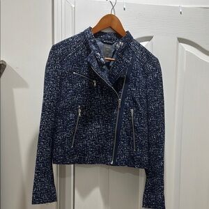 GAP Blue Blazer with Asymmetrical Zipper and Tweed Texture